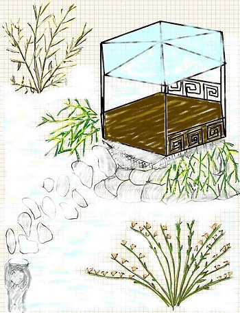 disegno di un giardino invernale: un gazebo a pianta esagonale è situato sulla sommità di una collinetta a cui ci si accede attraverso un sentiero formato da grosse pietre. Tutto l'ambiente è ricoperto da soffice neve e qua e la sbucano cespugli a fioritura invernale. In basso la piccola statua di un putto, semi sommerso dalla neve, sembra guardare tutta la scena.